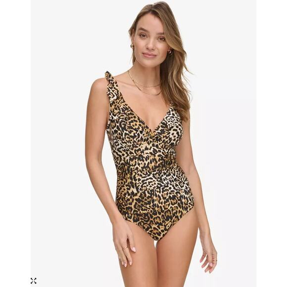 NEW DKNY Cheetah Print One Piece Swimsuit Size Small Ruffle V-Neck Leopard Swim - Picture 1 of 11
